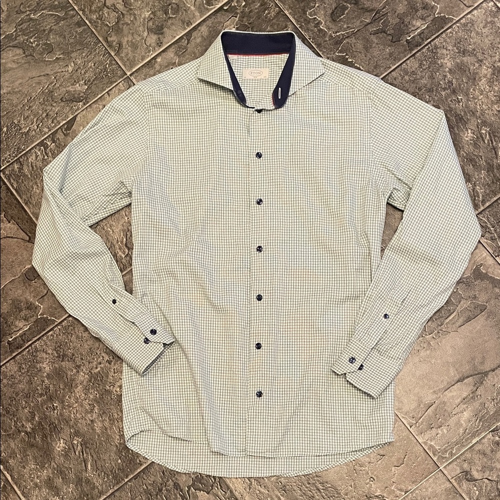 ETON Slim Men's Grid Pattern Shirt - Green, Navy Blue and White Business Casual